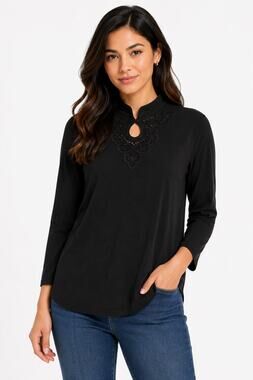 Belle by Kim Gravel TripleLuxe Keyhole Top Black Embellished Shirt Size XS NWOT